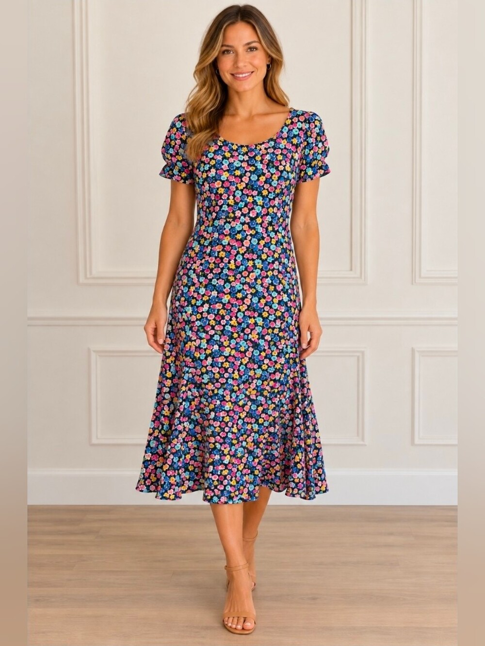 Maggy London Women's Navy Floral Short-Sleeve Midi Dress